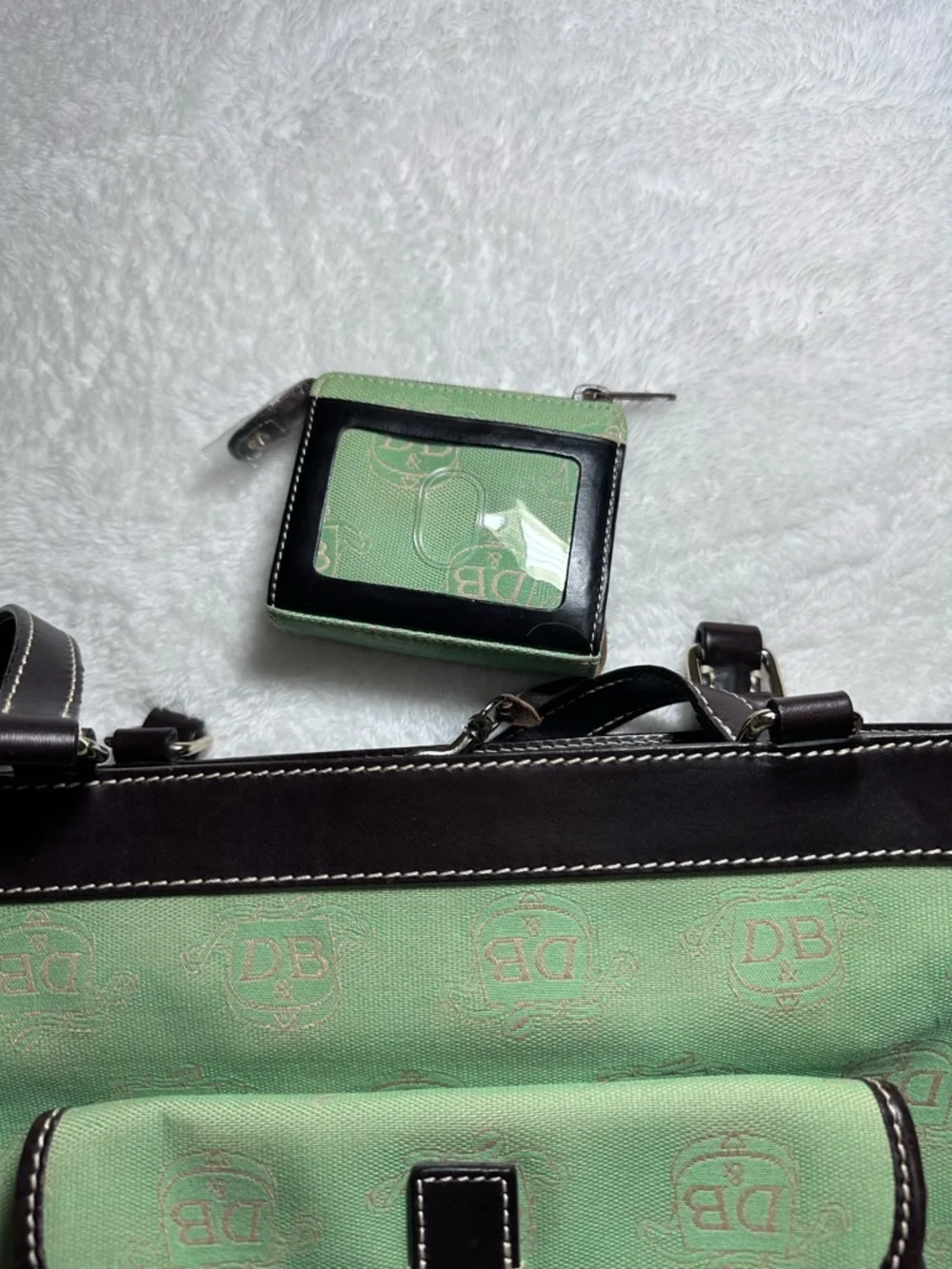 Dooney & Bourke Vintage Canvas Tote Bag Matching Coin Purse Set green/brown